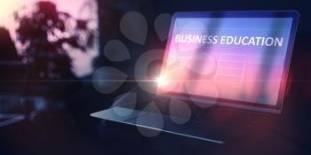 Business Education on Modern Portable Ultrabook. Evening Education Concept. 3D.
