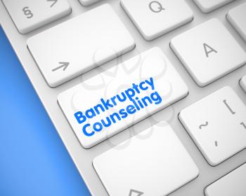 Up Close View on the Modern Keyboard - Bankruptcy Counseling White Keypad. Service Concept: Bankruptcy Counseling on the White Keyboard lying on the Blue Background. 3D Illustration.
