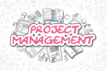 Business Illustration of Project Management. Doodle Magenta Inscription Hand Drawn Cartoon Design Elements. Project Management Concept. 