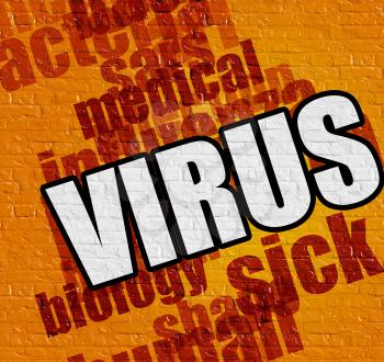 Modern healthcare concept: Virus - on the Wall with Word Cloud Around . Virus on the Yellow Brick Wall . 