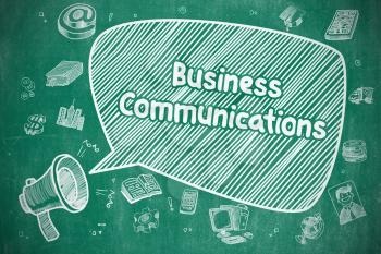 Shouting Megaphone with Inscription Business Communications on Speech Bubble. Cartoon Illustration. Business Concept. 