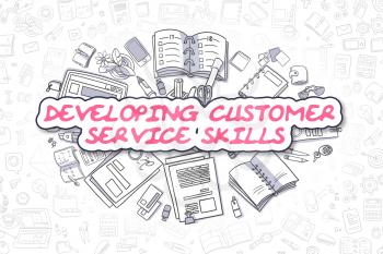Cartoon Illustration of Developing Customer Service Skills, Surrounded by Stationery. Business Concept for Web Banners, Printed Materials. 