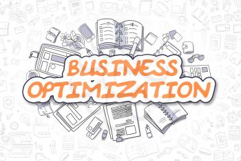 Business Illustration of Business Optimization. Doodle Orange Text Hand Drawn Doodle Design Elements. Business Optimization Concept. 