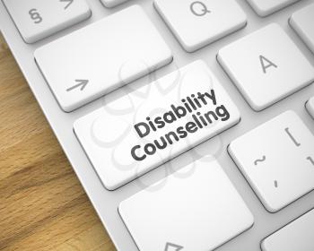 Modernized Keyboard Button Showing the MessageDisability Counseling. Message on Keyboard White Keypad. Online Service Concept: Disability Counseling on Modern Laptop Keyboard Background. 3D Render.