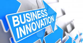 Business Innovation, Label on Blue Cursor. Business Innovation - Blue Arrow with a Label Indicates the Direction of Movement. 3D Render.