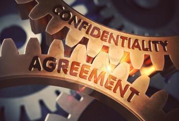 Confidentiality Agreement - Concept. Confidentiality Agreement Golden Metallic Cogwheels. 3D Rendering.