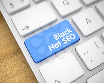 Black Hat SEO Button on the Keyboard Keys. with Wood Background. Service Concept with Modernized Enter Blue Key on Keyboard: Black Hat SEO. 3D Render.