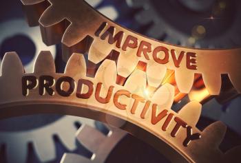 Improve Productivity Golden Cogwheels. Golden Metallic Gears with Improve Productivity Concept. 3D Rendering.