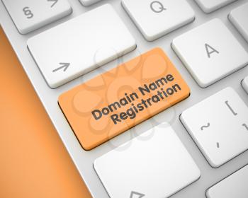 Business Concept: Domain Name Registration on Computer Keyboard lying on Orange Background. Computer Keyboard with Domain Name Registration Orange Button. 3D Render.