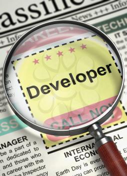 Developer - Searching Job in Newspaper. Magnifying Lens Over Newspaper with Searching Job of Developer. Job Search Concept. Blurred Image. 3D Rendering.