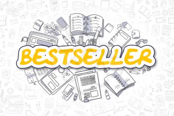Bestseller Doodle Illustration of Yellow Word and Stationery Surrounded by Cartoon Icons. Business Concept for Web Banners and Printed Materials. 