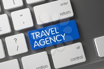 Travel Agency Concept: Metallic Keyboard with Travel Agency, Selected Focus on Blue Enter Key. 3D Render.