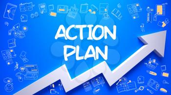 Action Plan - Enhancement Concept with Doodle Icons Around on the Azure Surface Background. Action Plan Inscription on the Modern Style Illustation. with Arrow Arrow and Doodle Design Icons Around.