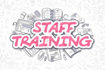 Doodle Illustration of Staff Training, Surrounded by Stationery. Business Concept for Web Banners, Printed Materials. 