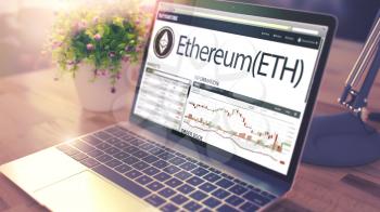 Modern Workplace with Notebook showing Website with Cryptocurrency Market of Ethereum - ETH. Tinted Image with Blurred Image. 3D Illustration .