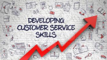 White Brick Wall with Developing Customer Service Skills Inscription and Red Arrow. Success Concept. Developing Customer Service Skills - Modern Illustration with Doodle Elements. 3d