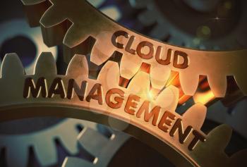 Cloud Management - Illustration with Lens Flare. Golden Metallic Gears with Cloud Management Concept. 3D Rendering.