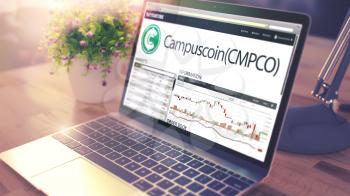 Website of a Cryptocurrency Exchange with Dynamics of the Cost Change of Campuscoin - CMPCO on the Modern Laptop Screen. Tinted, Blurred Image. 3D Illustration .
