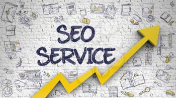 SEO Service - Development Concept. Inscription on the White Wall with Doodle Design Icons Around. SEO Service - Modern Style Illustration with Doodle Elements. 3D.