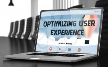 Closeup Optimizing User Experience Concept on Landing Page of Mobile Computer Display in Modern Conference Room. Toned Image. Selective Focus. 3D Render.