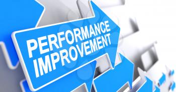 Performance Improvement - Blue Pointer with a Text Indicates the Direction of Movement. Performance Improvement, Message on Blue Cursor. 3D Render.