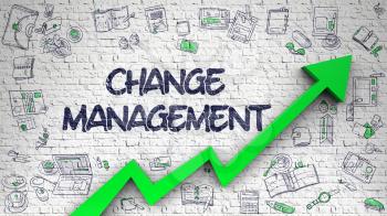 Change Management - Increase Concept. Inscription on White Brick Wall with Hand Drawn Icons Around. White Brick Wall with Change Management Inscription and Green Arrow. Success Concept. 
