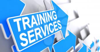 Training Services - Blue Cursor with a Inscription Indicates the Direction of Movement. Training Services, Message on the Blue Cursor. 3D.