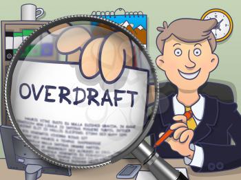 Overdraft through Magnifying Glass. Business Man Holding a Paper with Concept. Closeup View. Multicolor Modern Line Illustration in Doodle Style.