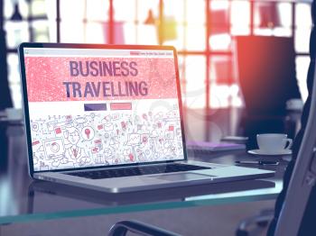 Business Travelling Concept. Closeup Landing Page on Laptop Screen in Doodle Design Style. On Background of Comfortable Working Place in Modern Office. Blurred, Toned Image. 3D Render.