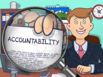 Man Showing Paper with Concept Accountability. Closeup View through Lens. Multicolor Doodle Style Illustration.
