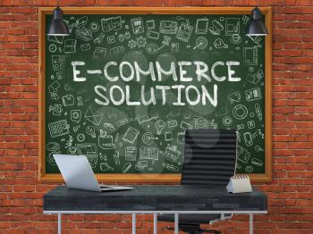E-Commerce Solution - Handwritten Inscription by Chalk on Green Chalkboard with Doodle Icons Around. Business Concept in the Interior of a Modern Office on the Red Brick Wall Background. 3D.