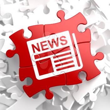 Newspaper Icon with News Word on Red Puzzle. Mass Media Concept.