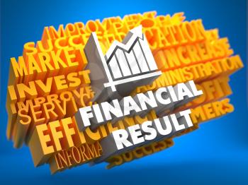 Financial Result with Growth Chart Icon on Yellow WordCloud on Blue Background.