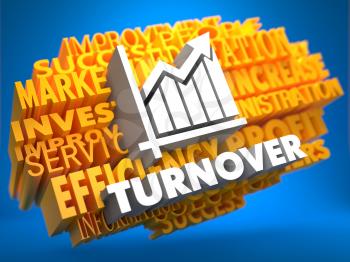 Turnover with Growth Chart Icon on Yellow WordCloud on Blue Background.