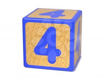 Number 4 on Blue Wooden Childrens Alphabet Block Isolated on White. Educational Concept.