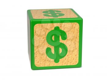 Dollar Sign on Green Wooden Childrens Alphabet Block Isolated on White. Educational Concept.