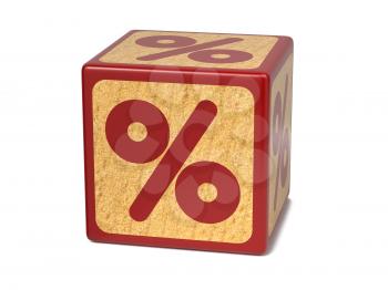 Percent Sign on Dark Red Wooden Childrens Alphabet Block Isolated on White. Educational Concept.