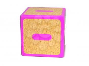 Minus Sign on Pink Wooden Childrens Alphabet Block Isolated on White. Educational Concept.