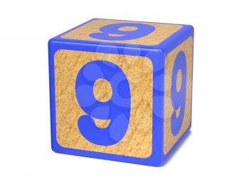 Number 9 on Blue Wooden Childrens Alphabet Block Isolated on White. Educational Concept.