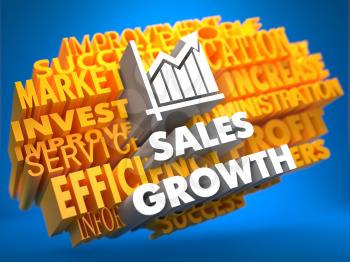Sales Growth with Growth Chart Icon on Yellow WordCloud on Blue Background.