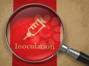 Inoculation Concept. Magnifying Glass with Syringe Icon on Old Paper with Red Vertical Line Background.