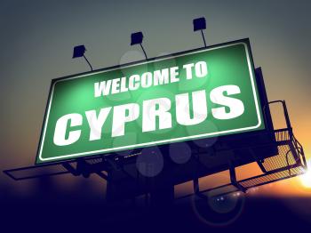 Welcome to Cyprus - Green Billboard on the Rising Sun Background.