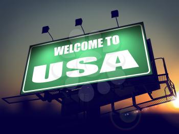 Welcome to USA - Green Billboard on the Rising Sun Background.