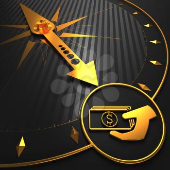 Golden Icon of Money in the Hand on Black Compass.