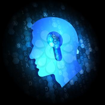 Blue Profile of Head with a Keyhole Icon on Dark Digital Background.
