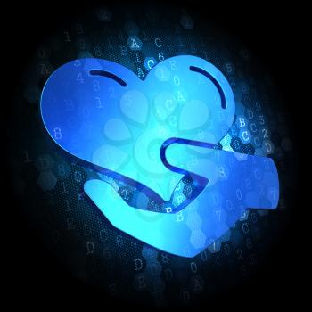 Blue Icon of Heart in the Hand on Dark Digital Background.