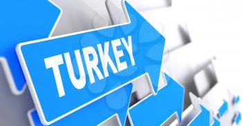 Turkey on Blue Direction Sign on a grey background.