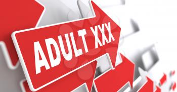 Adult XXX Concept.  Red Arrow with Adult XXX slogan on a grey background.