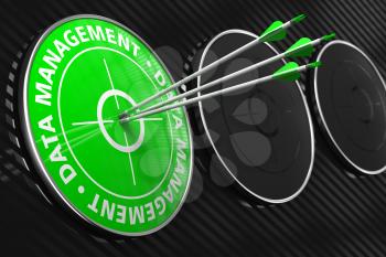 Data Management - Three Arrows Hitting the Center of Green Target on Black Background.