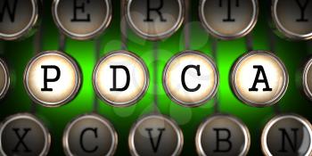 PDCA - Plan-Do-Check-Act - on Old Typewriter's Keys on Green Background.